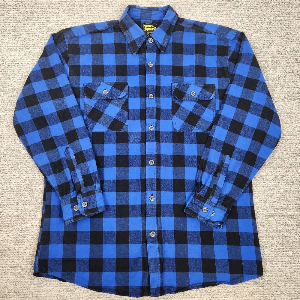 Work 'n Sport Heavy Flannel Rugged Button Down Blue and Black Buffalo Check XL